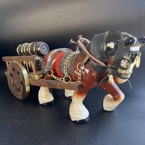 Ceramic Clydesdale Horse Pulling Barrel Cart Figurine